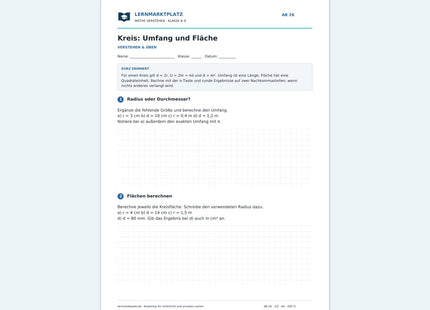 Kreis: Umfang und Fläche – kostenloses Mathe-Arbeitsblatt mit Lösungen (PDF) – Vorschau der ersten Arbeitsseite