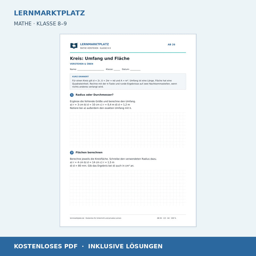 Kreis: Umfang und Fläche – kostenloses Mathe-Arbeitsblatt mit Lösungen (PDF) – Vorschau der ersten Arbeitsseite