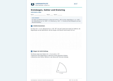 Kreisbogen, Sektor und Kreisring – kostenloses Mathe-Arbeitsblatt mit Lösungen (PDF) – Vorschau der ersten Arbeitsseite