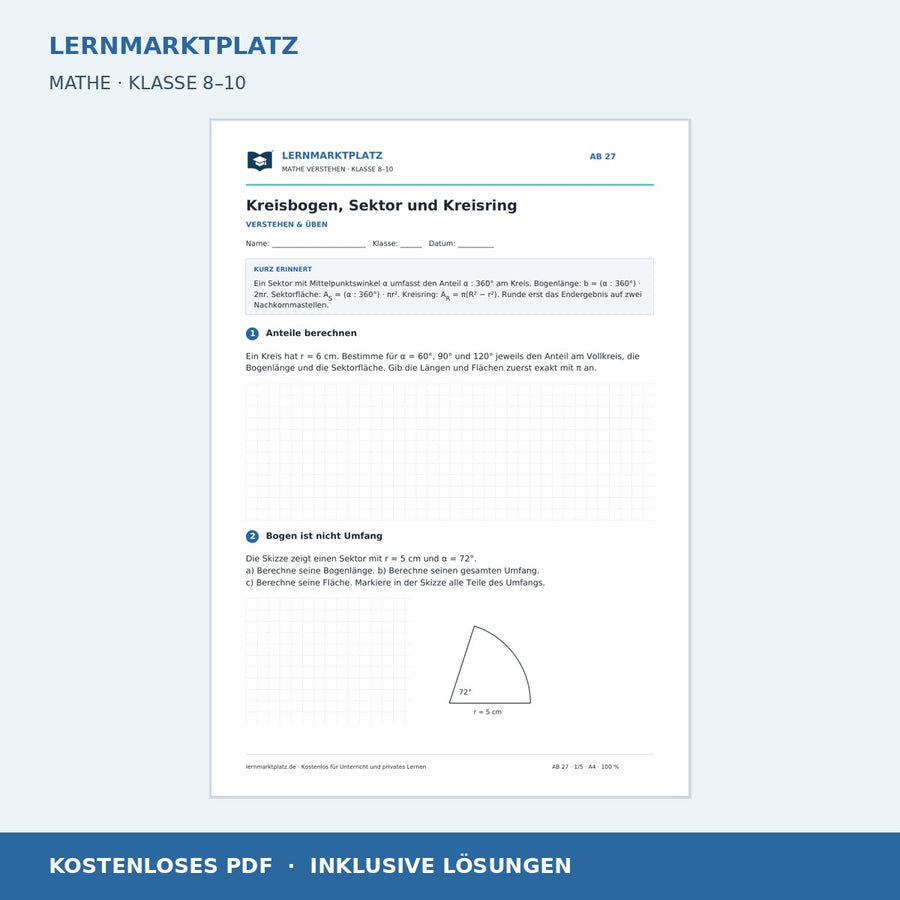 Kreisbogen, Sektor und Kreisring – kostenloses Mathe-Arbeitsblatt mit Lösungen (PDF) – Vorschau der ersten Arbeitsseite