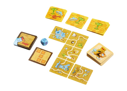 HABA Logik-Labyrinth – Wege legen und Schätze finden – Weitere Ansicht der ausgelegten Karten und des Würfels