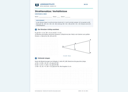 Strahlensätze: Verhältnisse – kostenloses Mathe-Arbeitsblatt mit Lösungen (PDF) – Vorschau der ersten Arbeitsseite