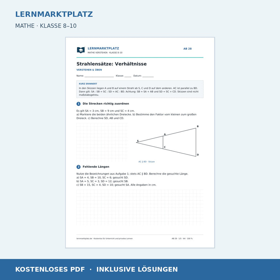 Strahlensätze: Verhältnisse – kostenloses Mathe-Arbeitsblatt mit Lösungen (PDF) – Vorschau der ersten Arbeitsseite