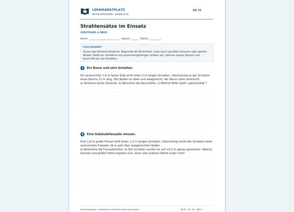 Strahlensätze im Einsatz – kostenloses Mathe-Arbeitsblatt mit Lösungen (PDF) – Vorschau der ersten Arbeitsseite