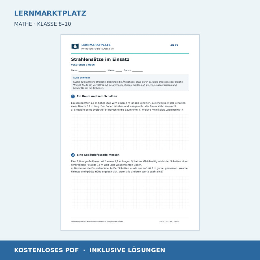 Strahlensätze im Einsatz – kostenloses Mathe-Arbeitsblatt mit Lösungen (PDF) – Vorschau der ersten Arbeitsseite