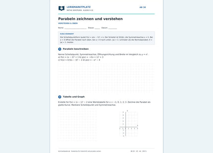 Parabeln zeichnen und verstehen – kostenloses Mathe-Arbeitsblatt mit Lösungen (PDF) – Vorschau der ersten Arbeitsseite