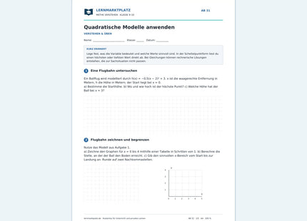 Quadratische Modelle anwenden – kostenloses Mathe-Arbeitsblatt mit Lösungen (PDF) – Vorschau der ersten Arbeitsseite
