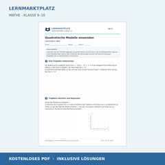 Quadratische Modelle anwenden – kostenloses Mathe-Arbeitsblatt mit Lösungen (PDF)