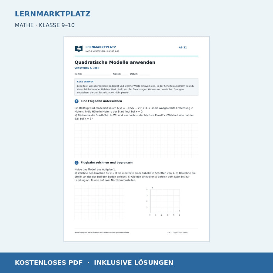 Quadratische Modelle anwenden – kostenloses Mathe-Arbeitsblatt mit Lösungen (PDF) – Vorschau der ersten Arbeitsseite
