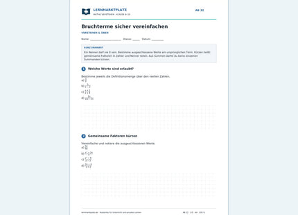 Bruchterme sicher vereinfachen – kostenloses Mathe-Arbeitsblatt mit Lösungen (PDF)