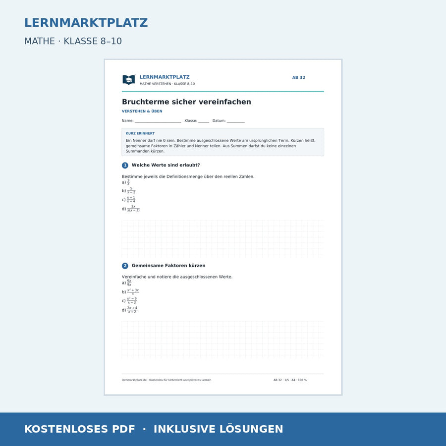 Bruchterme sicher vereinfachen – kostenloses Mathe-Arbeitsblatt mit Lösungen (PDF)