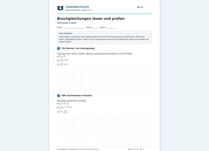 Bruchgleichungen lösen und prüfen – kostenloses Mathe-Arbeitsblatt mit Lösungen (PDF)