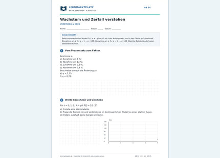 Wachstum und Zerfall verstehen – kostenloses Mathe-Arbeitsblatt mit Lösungen (PDF)