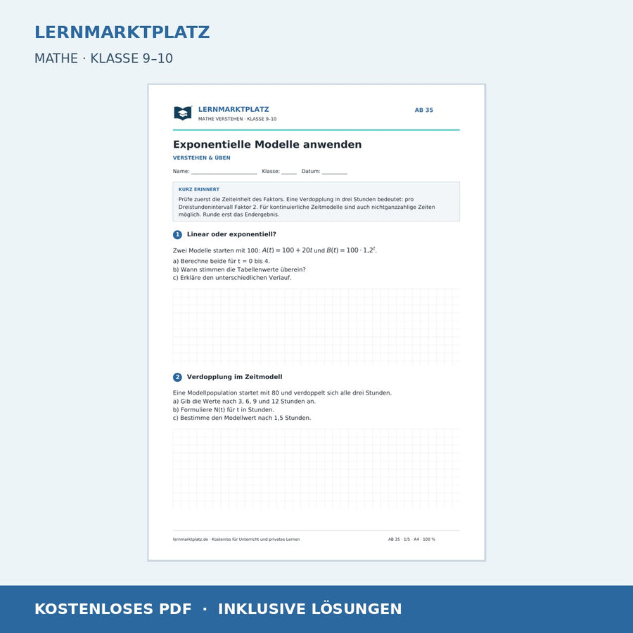Exponentielle Modelle anwenden – kostenloses Mathe-Arbeitsblatt mit Lösungen (PDF)