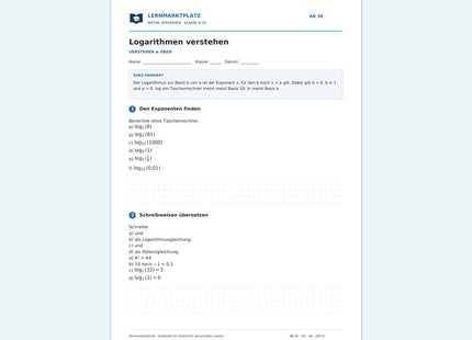 Logarithmen verstehen – kostenloses Mathe-Arbeitsblatt mit Lösungen (PDF)