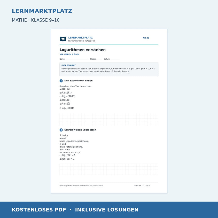 Logarithmen verstehen – kostenloses Mathe-Arbeitsblatt mit Lösungen (PDF)