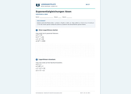 Exponentialgleichungen lösen – kostenloses Mathe-Arbeitsblatt mit Lösungen (PDF)