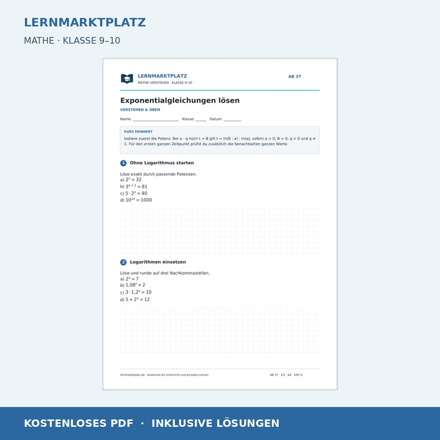 Exponentialgleichungen lösen – kostenloses Mathe-Arbeitsblatt mit Lösungen (PDF)