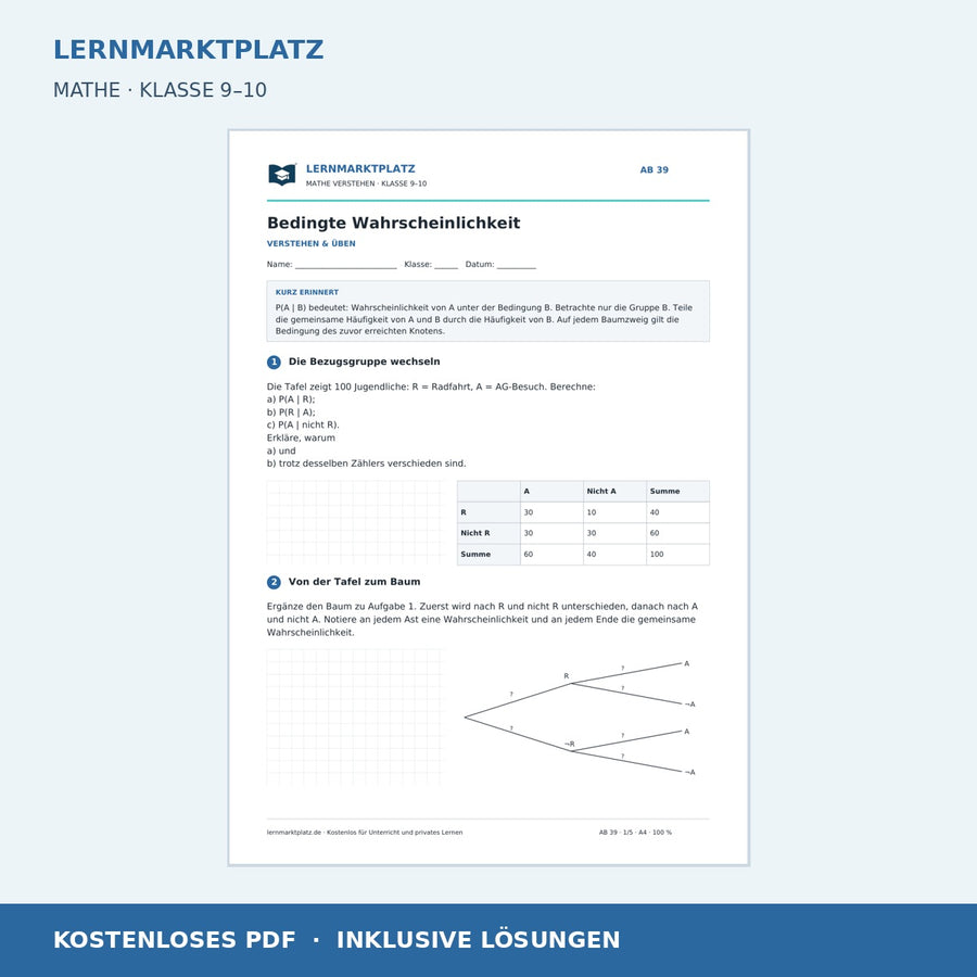 Bedingte Wahrscheinlichkeit – kostenloses Mathe-Arbeitsblatt mit Lösungen (PDF)