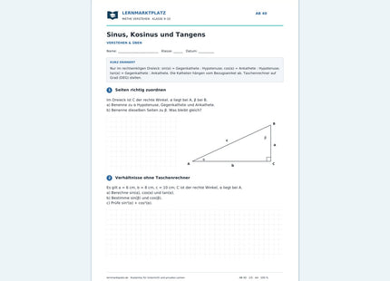 Sinus, Kosinus und Tangens – kostenloses Mathe-Arbeitsblatt mit Lösungen (PDF)