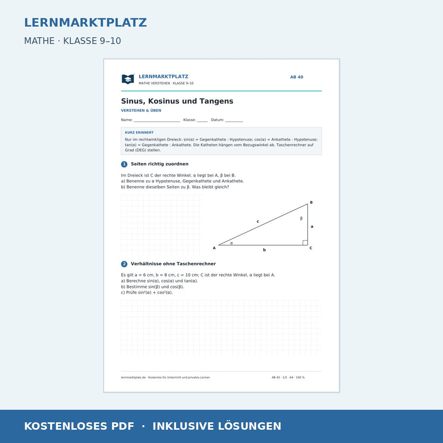 Sinus, Kosinus und Tangens – kostenloses Mathe-Arbeitsblatt mit Lösungen (PDF)