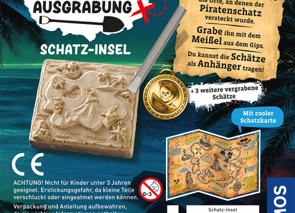 KOSMOS Rätsel-Ausgrabung Schatz-Insel ab 7 Jahren – Verpackungsrückseite mit Schatzkarte, Werkzeug und Inhalt