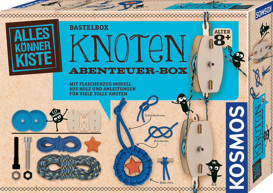 KOSMOS Knoten-Abenteuerbox – Knoten lernen und Flaschenzug bauen – Originalverpackung mit Knotenseilen und Flaschenzugmodell