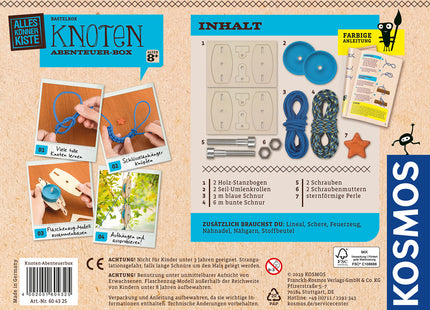 KOSMOS Knoten-Abenteuerbox – Knoten lernen und Flaschenzug bauen – Verpackungsrückseite mit Inhalt und benötigten Zusatzmaterialien