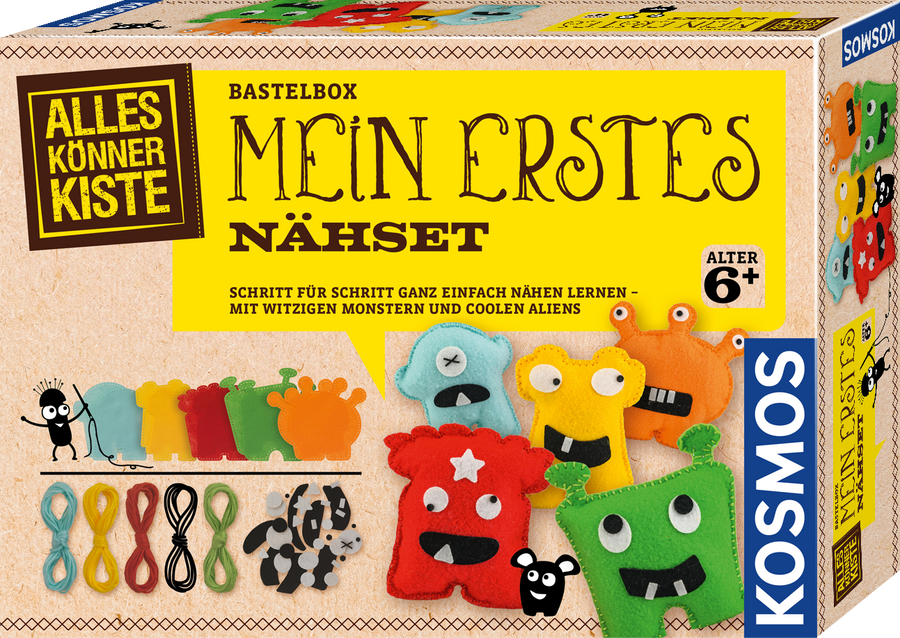 KOSMOS Mein erstes Nähset – Filzmonster selber nähen – Originalverpackung mit selbstgenähten Filzmonstern