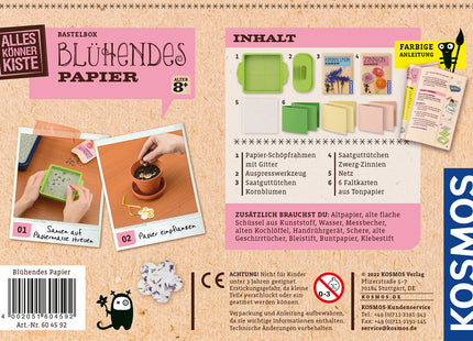 KOSMOS Blühendes Papier – Papier schöpfen mit Blumensamen – Verpackungsrückseite mit Inhalt und benötigtem Zusatzmaterial
