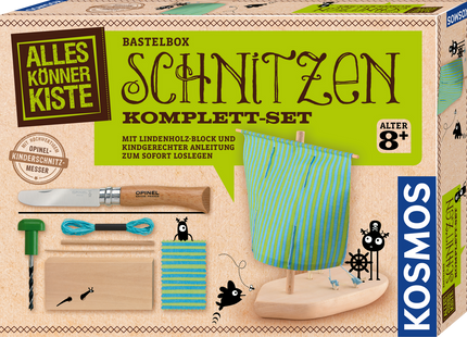 KOSMOS Schnitzen Komplett-Set – Ein Holzboot selber bauen – Originalverpackung mit Schnitzmesser und gebautem Segelboot