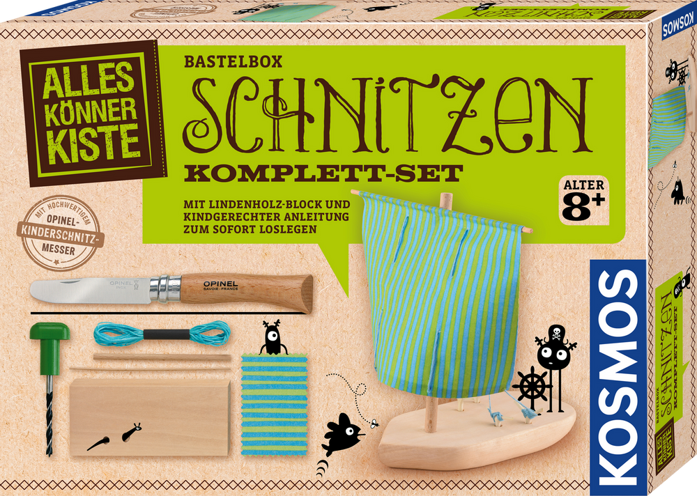KOSMOS Schnitzen Komplett-Set – Ein Holzboot selber bauen – Originalverpackung mit Schnitzmesser und gebautem Segelboot