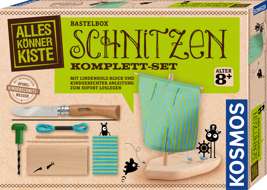 KOSMOS Schnitzen Komplett-Set – Ein Holzboot selber bauen – Originalverpackung mit Schnitzmesser und gebautem Segelboot