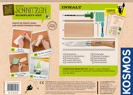 KOSMOS Schnitzen Komplett-Set – Ein Holzboot selber bauen – Verpackungsrückseite mit Inhalt, Zusatzmaterial und Sicherheitshinweisen
