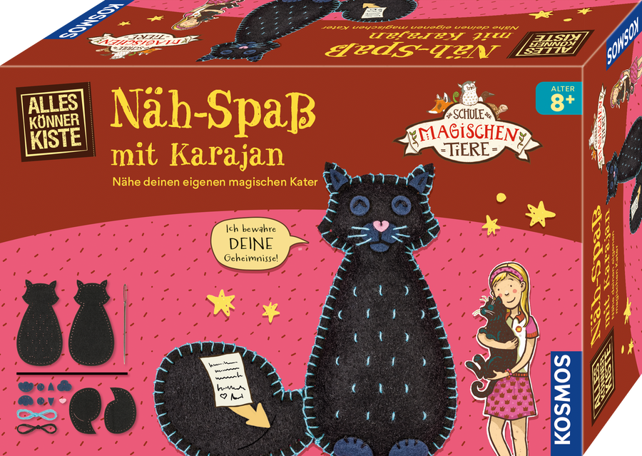 KOSMOS Näh-Spaß mit Karajan – Die Schule der magischen Tiere – Originalverpackung mit Kater Karajan und Geheimfach
