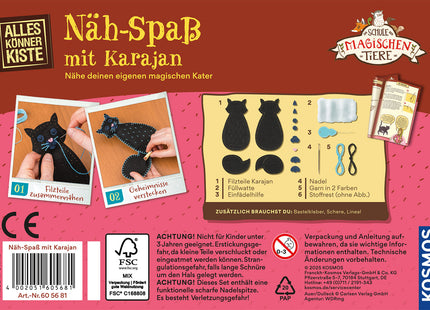 KOSMOS Näh-Spaß mit Karajan – Die Schule der magischen Tiere – Verpackungsrückseite mit Filzteilen, Zubehör und Nähschritten