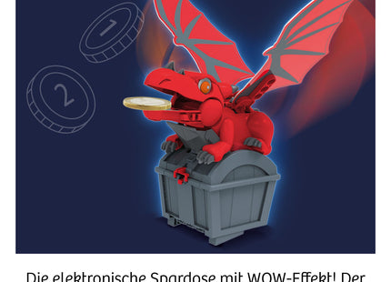 KOSMOS Drachen-Tresor – Elektronische Spardose ab 8 Jahren – Aufgebauter Drache mit einer Münze als Anwendungsbeispiel
