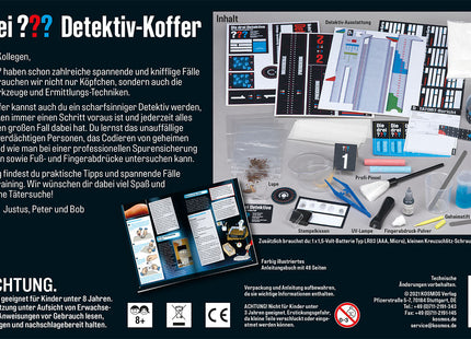 KOSMOS Die drei ??? Detektiv-Koffer ab 8 Jahren – Rückseite mit Ausstattung und Sicherheitshinweisen