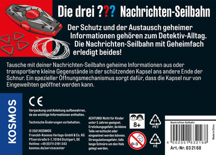 KOSMOS Die drei ??? Nachrichten-Seilbahn ab 8 Jahren – Rückseite mit Zubehör und Sicherheitshinweisen