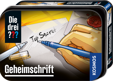 KOSMOS Die drei ??? Geheimschrift ab 8 Jahren – Originalverpackung des Geheimschrift-Sets in der Metalldose