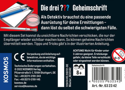 KOSMOS Die drei ??? Geheimschrift ab 8 Jahren – Rückseite mit Inhalt und Altersangabe