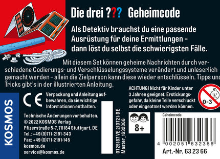 KOSMOS Die drei ??? Geheimcode – Code-Set ab 8 Jahren – Rückseite mit Inhalt und Altersangabe