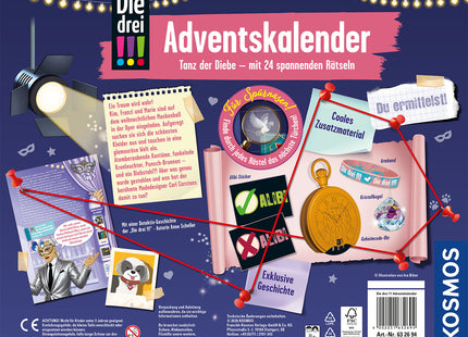 Die drei !!! Adventskalender 2026 – Tanz der Diebe – Rückseite mit Rätselmaterial und Alterskennzeichnung