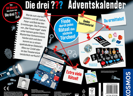 Die drei ??? Adventskalender 2026 – Der Fluch des Feuervogels – Rückseite mit Inhalt und Alterskennzeichnung