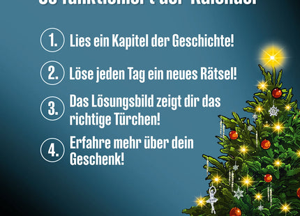 Die drei ??? Adventskalender 2026 – Der Fluch des Feuervogels – Herstellerdarstellung des täglichen Rätselablaufs