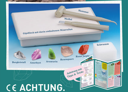 KOSMOS Mineralien – Ausgrabungs-Set ab 7 Jahren – Verpackungsrückseite mit fünf Mineralien und Werkzeugen