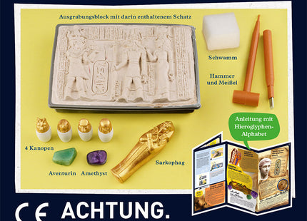 KOSMOS Pharaonen-Schatz – Ausgrabungs-Set ab 7 Jahren – Verpackungsrückseite mit Schatz-Nachbildungen und Werkzeug
