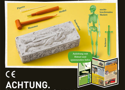 KOSMOS Grusel-Skelett – Ausgrabungs-Set ab 7 Jahren – Rückseite mit Gips-Sarkophag, Skelettmodell und Werkzeugen