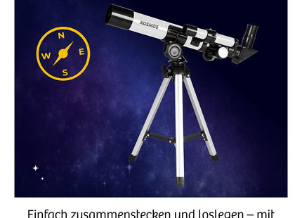 KOSMOS Entdecker-Teleskop – Einstieg in die Himmelsbeobachtung – Aufgebautes Teleskop auf dem Stativ mit Sucher und Kompass