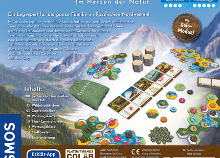 Cascadia: Verpackungsrückseite mit Spielmaterial und Spieldaten